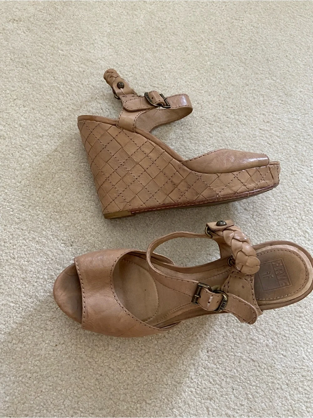 Frye Corrina Quilted Tan Leather Braided-Ankle Wedge Sandals size 8.5